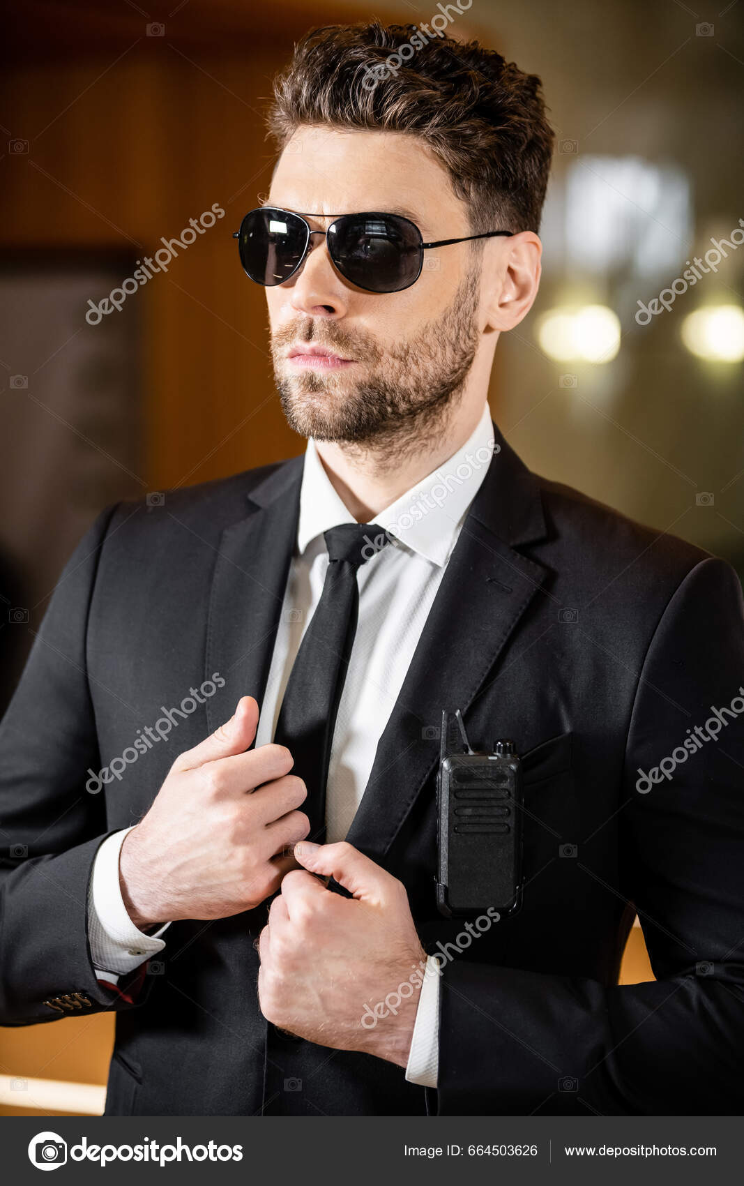 Handsome Bodyguard Security Guard Suit Tie Sunglasses Standing