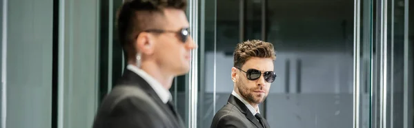 Bodyguard Service Hotel Security Handsome Man Suit Sunglasses Standing Lobby — Stock Photo, Image