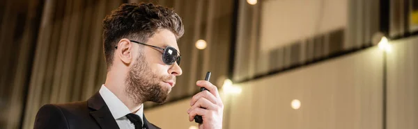 Good Looking Bodyguard Security Worker Suit Sunglasses Working Lobby Hotel — Stock Photo, Image