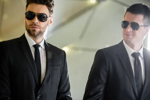 Security Management Two Handsome Men Formal Wear Sunglasses Bodyguards Duty — Stock Photo, Image