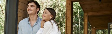 banner, happy man and beautiful woman in white sundress, summer house, couple on vacation, lifestyle clipart