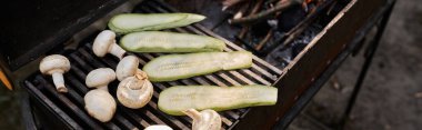 High angle view of zucchini and mushrooms on barbecue during picnic outdoors, banner, clipart