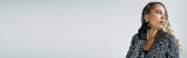 banner, fashion and accessories, african american woman looking away on grey background, portrait
