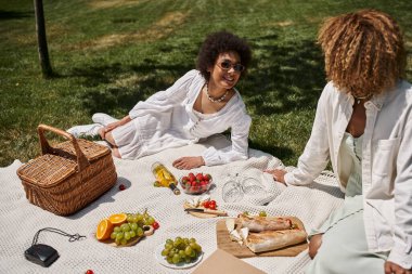 Genç Afrikalı Amerikalı kız arkadaşlar yaz pikniği sırasında meyvenin yanında battaniyenin üzerinde konuşuyorlar.
