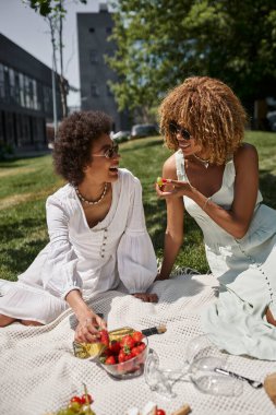 Neşeli Afro-Amerikan kadınları meyve yiyor ve yaz pikniğinde parkta sohbet ediyorlar.