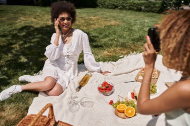 Genç Afrikalı Amerikalı kadınlar yaz parkında meyve ve şarapla piknik yapıyorlar.