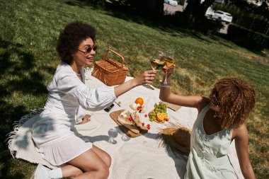 Mutlu Afrikalı Amerikalı kızlar yaz parkında battaniye ve çimlere şarap bardakları tokuşturuyorlar.