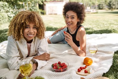 Afro-Amerikalı genç kız arkadaşlar kameraya gülümsüyor. Yemek ve şarap bardaklarının yanında, yaz pikniğinde, parkta.