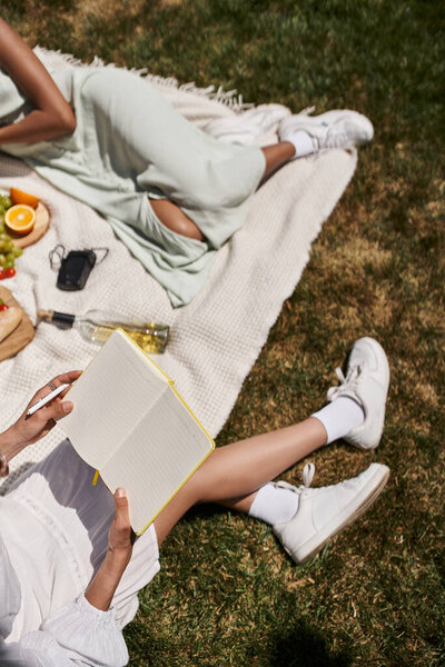 Африканская американка с блокнотом рядом с подругой, фрукты и бутылка вина на одеяле в парке