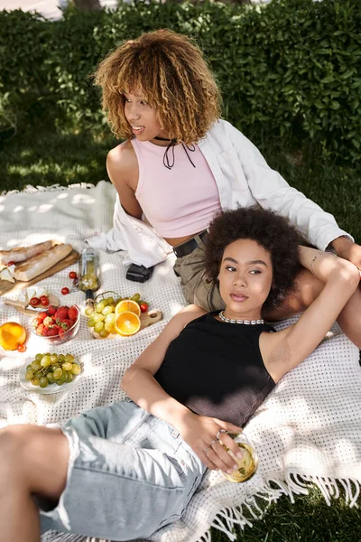 Young African American Girlfriends Resting Snacks Wine Blanket Picnic Park — Stock Photo, Image