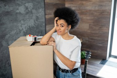 Gülümseyen Afrikalı Amerikalı kadın yeni evdeki oturma odasındaki karton kutunun yanındaki kameraya bakıyor.