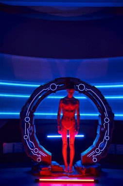 extraterrestrial humanoid standing in neon-lit innovative device in futuristic lab, full length clipart