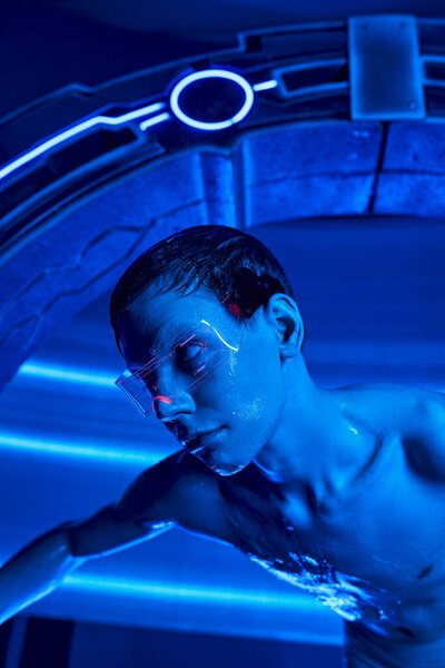 scientific breakthrough, alien in goggles looking out experimental device in futuristic laboratory