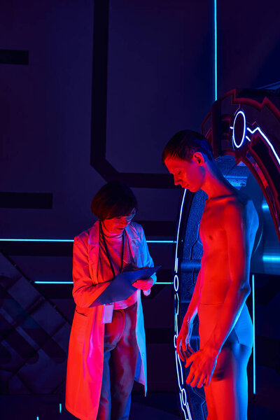 cosmic exploration, woman scientist writing on clipboard near humanoid alien and experimental device