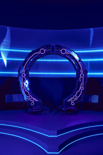 arch-shaped neon-lit equipment in innovative science center, futuristic concept
