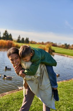 Sonbahar renkleri, mutlu Afro-Amerikan kadın ördeklerin, çocukluğun ve sonbaharın olduğu göletin yanında sırtında çocuk taşıyor.
