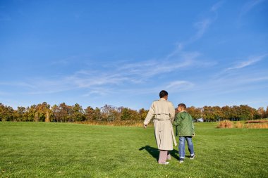 Anne ve oğul, Afro-Amerikan kadın parktaki çocukla birlikte yürüyor, samimi, güneşli bir gün, sonbahar