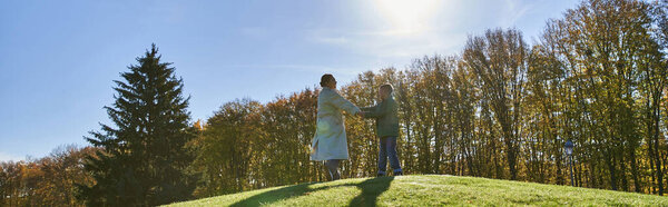 Африканский американец мать и ребенок держась за руки, стоя на холме в парке, осенняя листва, баннер