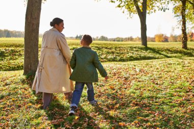 Altın saat, anne ve oğlu parkta yürüyor, sonbahar yaprakları, sonbahar sezonu, Afro-Amerikan ailesi