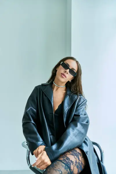 Seductive Woman Sunglasses Posing Black Lace Underwear Leather Coat Grey — Stock Photo, Image