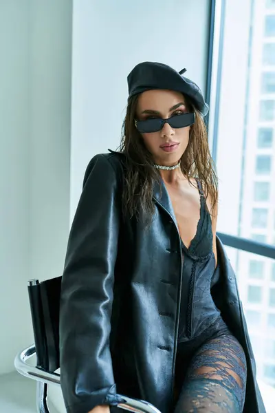 Young Seductive Model Sunglasses Beret Lace Underwear Leather Coat Sitting — Stock Photo, Image
