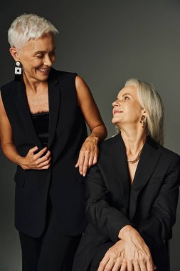 Neşe dolu ve modaya uygun hayat boyu siyah elbiseli kadın arkadaşlar gri, pozitiflikte birbirlerine bakıyorlar.