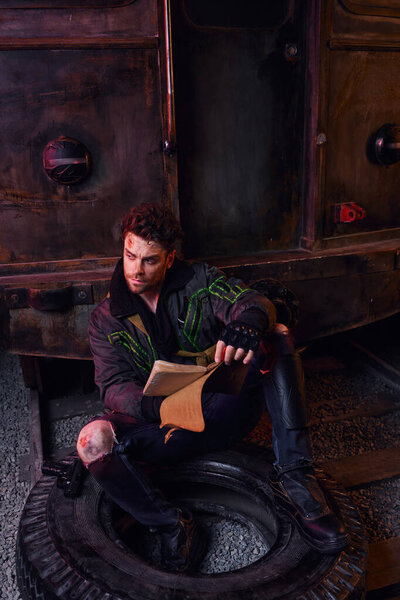 man in worn outfit sitting on tire with diary near rusty carriage in subway, life after apocalypse