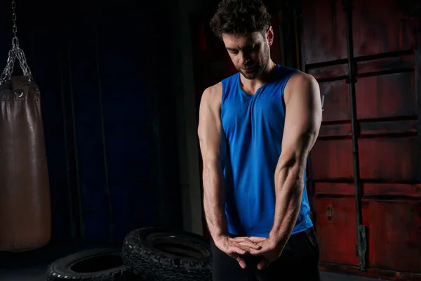 Athletic Man Blue Tank Top Exercising Stretching Arms Urban Street — Stock Photo, Image