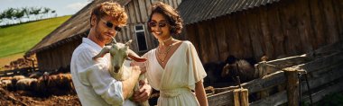 smiling multiethnic couple in wedding gown and sunglasses cuddling baby goat in countryside, banner clipart