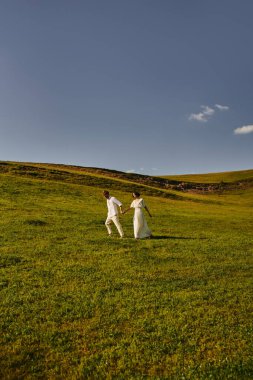 scenic landscape, just married couple walking in green field, young newlyweds in wedding gown clipart