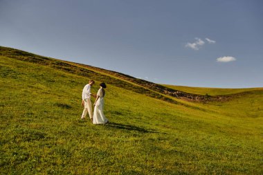 beautiful landscape, just married couple walking in green field, young newlyweds in wedding gown clipart