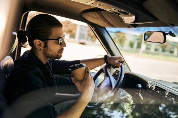 Good Looking Man Ponytail Steering Wheel His Car Coffee Hand — Stock Photo, Image