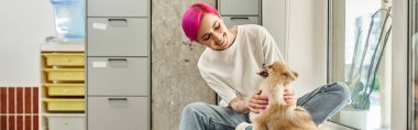 Gülümseyen mor saçlı evcil hayvan bakıcısı hoş geldin otelinde pomeranian spitz sarılıyor, pankart