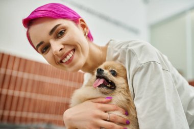 Neşeli, mor saçlı bir kadın evcil hayvan otelinde sevimli bir köpeğe sarılıyor, bir köpek bakıcısının sevgisini kazanıyor.