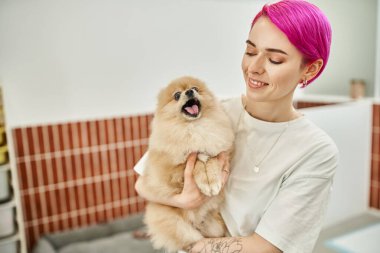 gülümseyen evcil hayvan bakıcısı uykulu ve esneyen köpeği evcil hayvan otelinde karşılıyor, köpek dostu konsept
