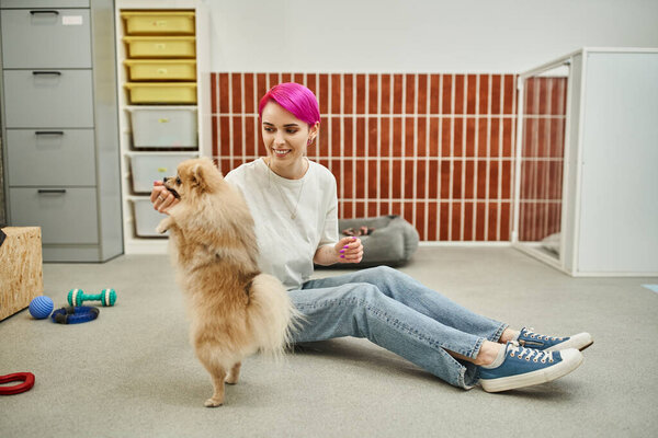 joyful female dog sitter treating pomeranian spitz while sitting on floor during training class