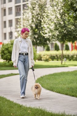 trendy purple-haired woman with funny pomeranian spitz on roulette leash walking in green city clipart