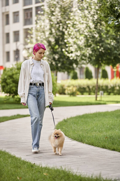 trendy purple-haired woman with funny pomeranian spitz on roulette leash walking in green city