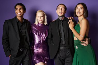 New year 2024, dreamy interracial male and female friends in festive attire hugging on purple clipart