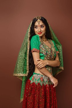 Kahverengi arka planda geleneksel kıyafetlerle poz veren güzel Hintli bir kadının dikey çekimi.