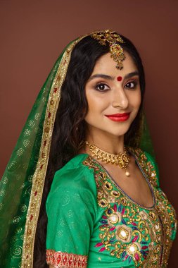 Alnında bindi noktasıyla çekici Hintli kadın ve kameraya gülümseyen geleneksel aksesuarlar.