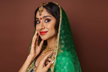 Bindi noktasıyla gülümseyen ve kameraya bakan ulusal giysili neşeli Hintli kadın.