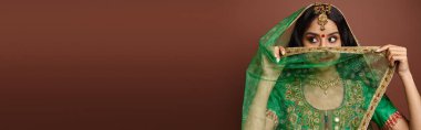 pretty indian woman with bindi dot on forehead covering face with green veil looking away, banner clipart