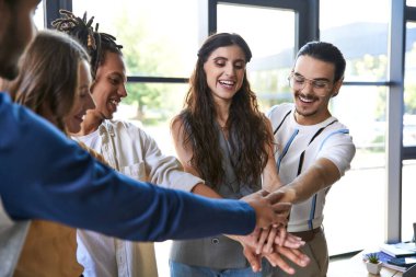 Şık ve mutlu çok kültürlü takım birlik ve yaratıcı işbirliği jesti olarak el ele veriyor.