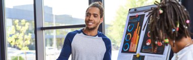 Afro-Amerikan bir adam modern ofiste bilgi grafikleriyle yan yana gülümsüyor, yatay afiş