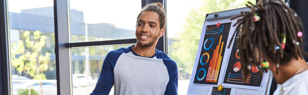 Африканский американец улыбается рядом с флип-чартом с инфографикой в современном офисе, горизонтальным баннером