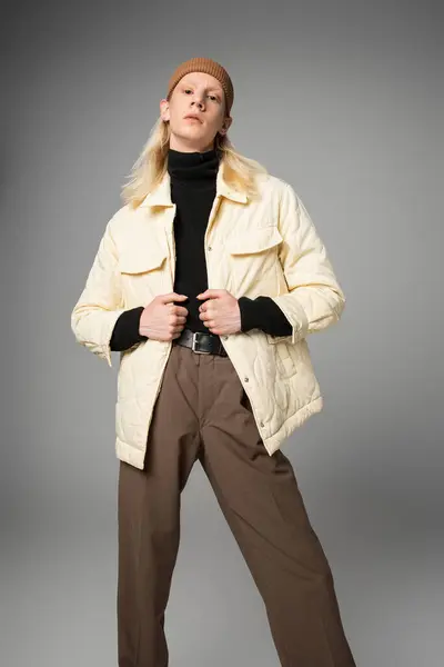Vertical Shot Attractive Non Binary Model Beanie Hat Warm Jacket — Stock Photo, Image