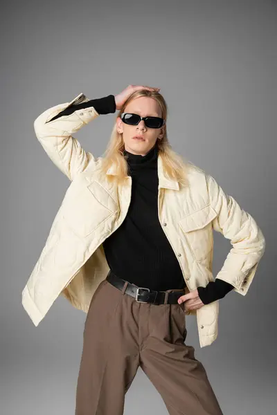 Attractive Young Non Binary Model Trendy Sunglasses Posing Hand Head — Stock Photo, Image