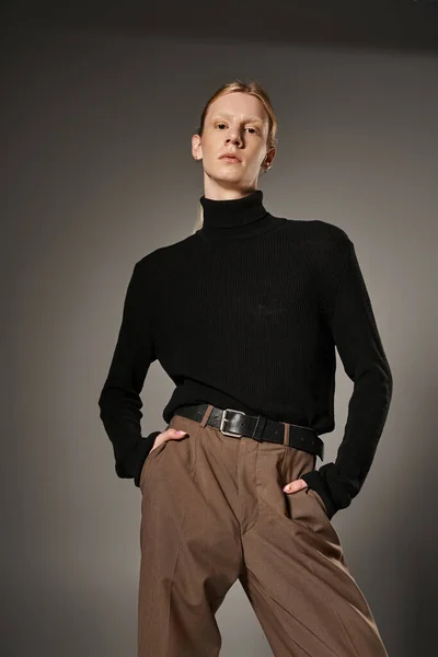 Vertical Shot Red Haired Androgynous Model Black Stylish Turtleneck Looking — Stock Photo, Image