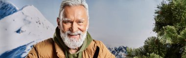 joyful Santa with white beard smiling at camera with mountains backdrop, winter concept, banner clipart